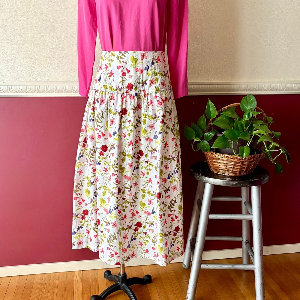 Lands End Floral Midi Skirt 10 White 100% Cotton Pockets Feminine Cottage Modest